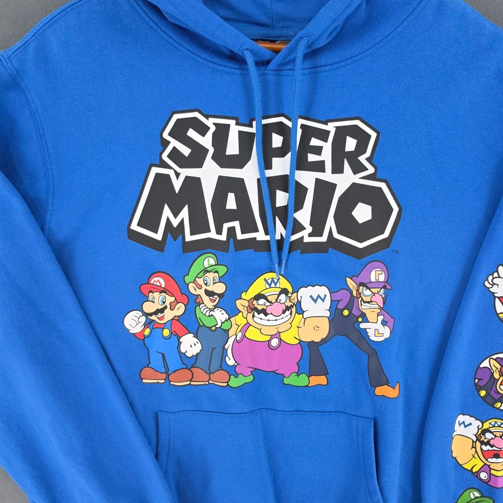 Nintendo Super Mario Bros Hoodie Blue Graphic Sweatshirt XL Mario Luigi Wario